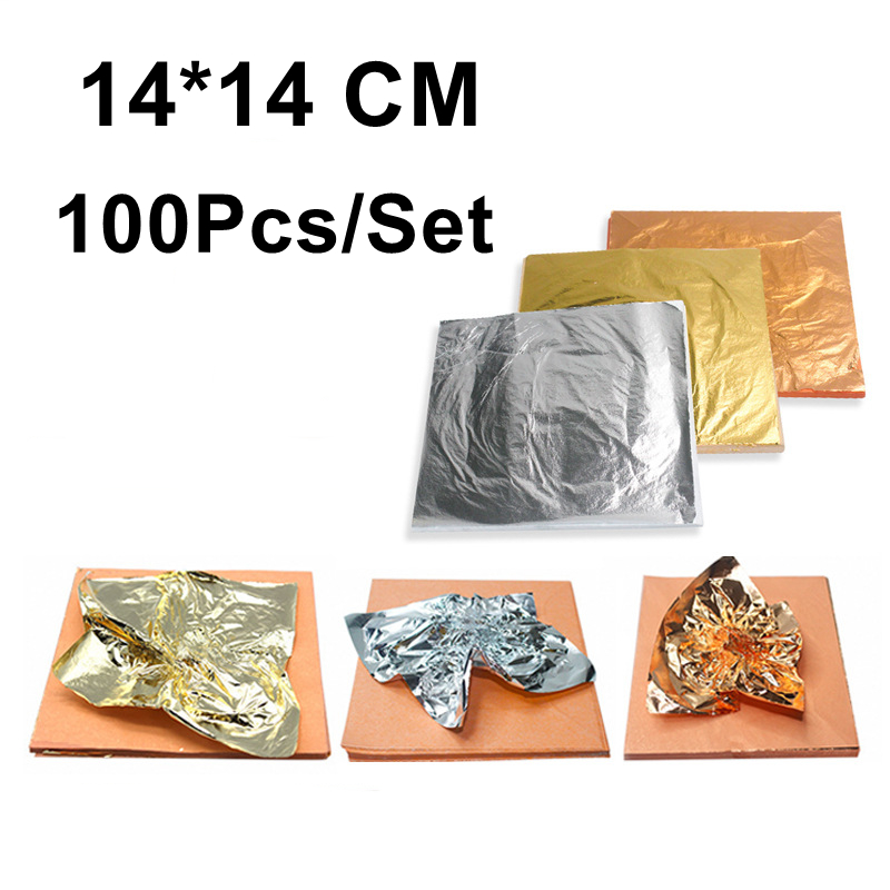 Gold Leaf Foil - 14X14ซม.100Pcs เงาทองเงินทองแดงสำหรับเล็บจิตรกรรม Gilding เฟอร์นิเจอร์เส้นกำแพงหัตถกรรมหัตถกรรม gilding ตกแต่ง