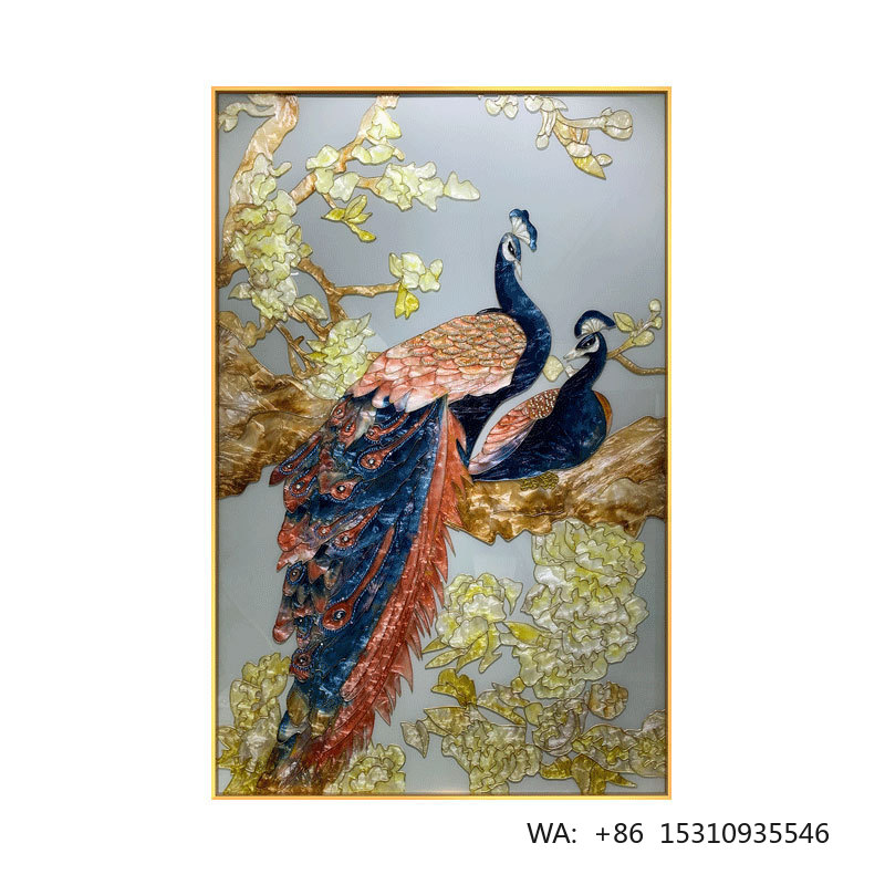 Background Resin Art - ภาพวาดติดผนังรูปนกยูงคู่ งานศิลปะเคลือบโลหะทำมือ สไตล์โมเดิร์น สำหรับตกแต่งห้องนั่งเล่นหรูหรา ฉากหลังโซฟา ห้องนอน